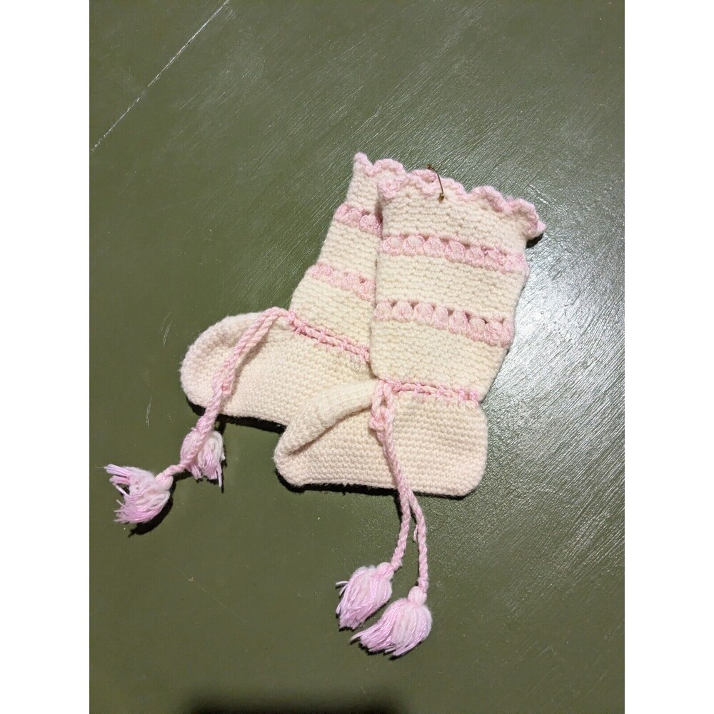 Vintage Hand Crochet Pink Cream Baby Booties Tassels Tall